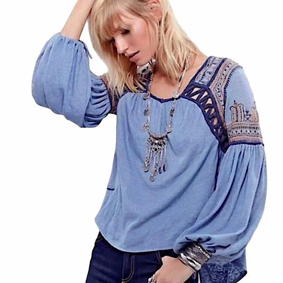 FREE PEOPLE Snow Kisses Embroidered Balloon Sleeve Boho Peasant Top - Picture 3 of 15